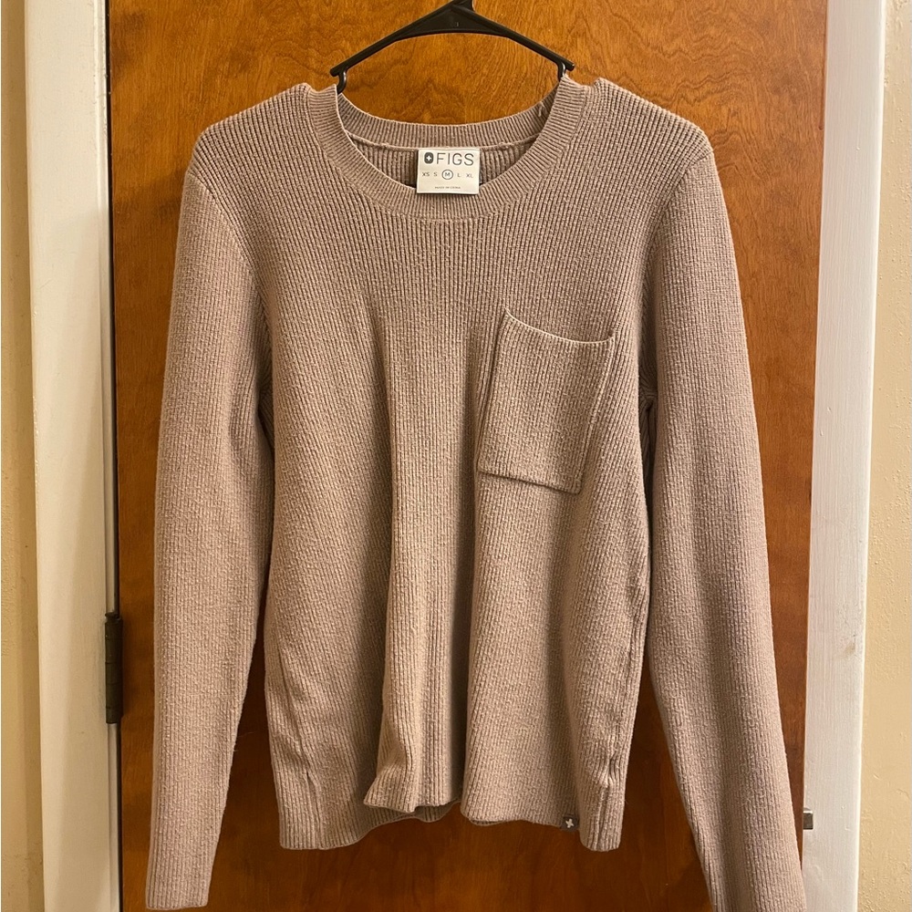 Medium FIGS Latte Women's Loungewear Ribbed Knit Pocket Sweater